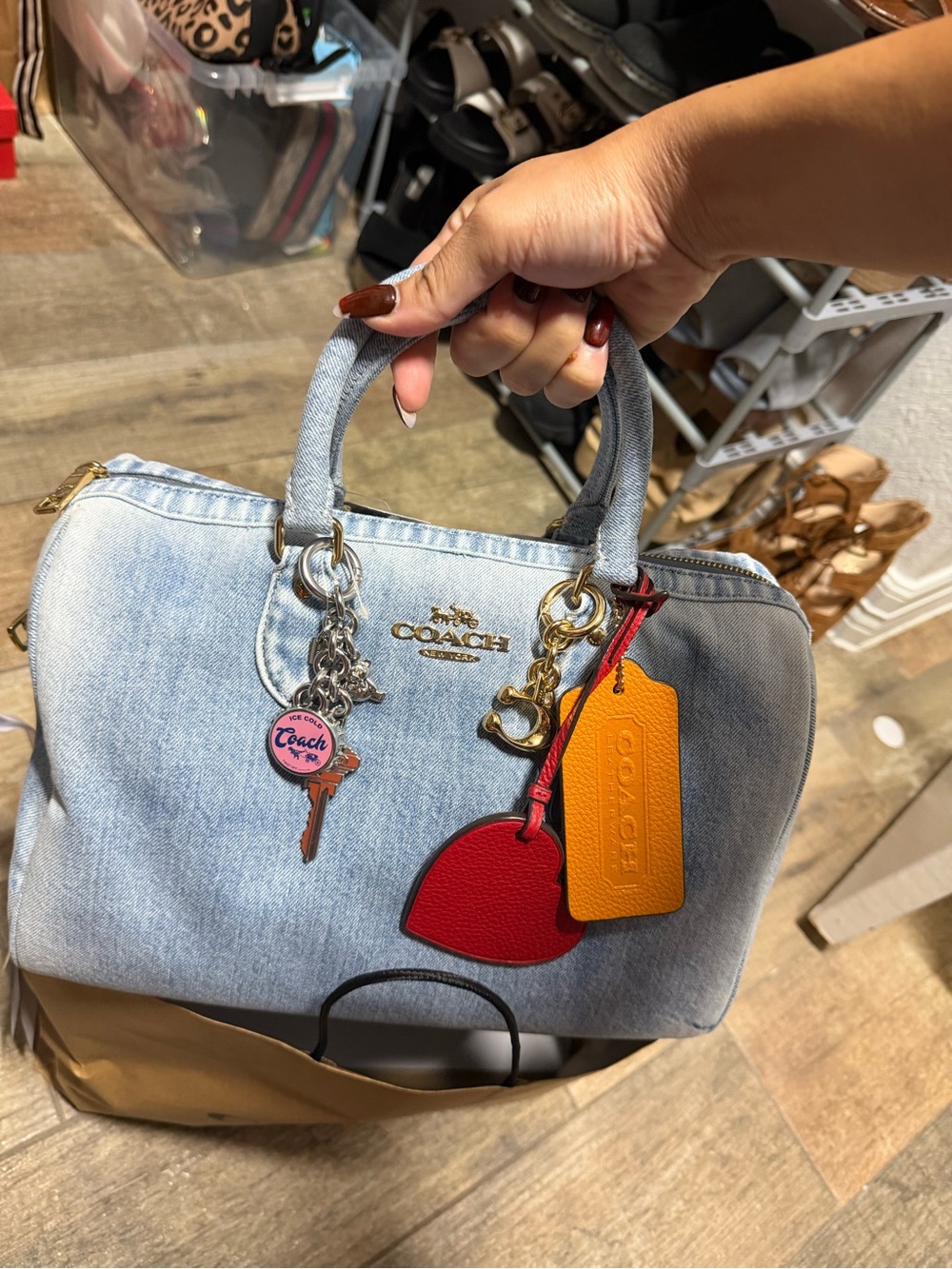 Coach Light Blue Denim Satchel with Red Heart & Orange Tag